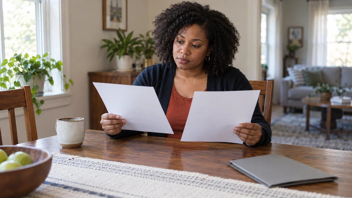 A woman at a dining table comparing two sheets of paper